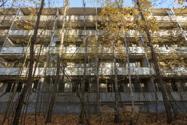 istock Overgrown yard in abandoned ghost town Pripyat in Chernobyl zone 1220576664