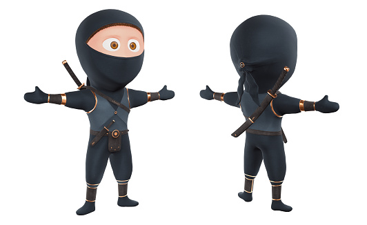 Ninja stylized character with opened hands. Shrugging pose or don't know emotion or enter prohibited. 3d render concept.