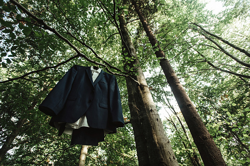 amazing stylish elegant wedding suit hanging on a tree in the sunny woods