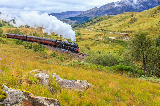 Picture of a passenger train carrying a steam locomotive travelling through the Scottish Highlands photographed during the day in September 2014