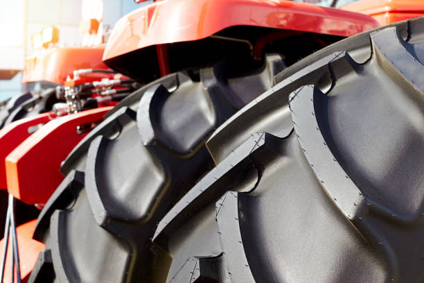 istock Closeup of big black rubber wheels 1220578511