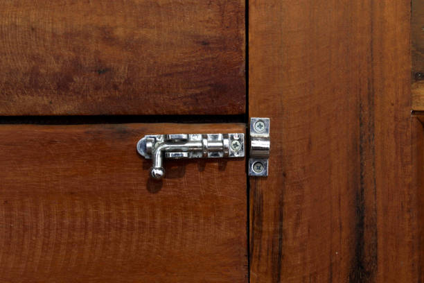 istock closed and locked brown wood door with latch 1220581081