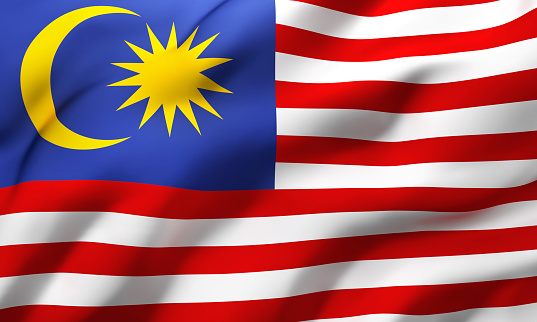 Flag of Malaysia blowing in the wind. Full page Malaysian flying flag. 3D illustration.