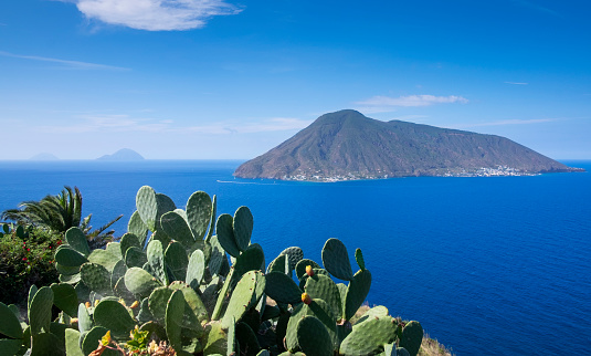 Coast of Lipari with cactus with view to volcano island Salina during day, Sicily Italy\