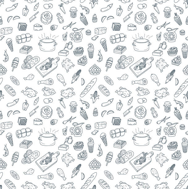 Food and Cooking Seamless Pattern Doodles Food and Cooking doodles seamless pattern background. EPS8 fruit drawings stock illustrations