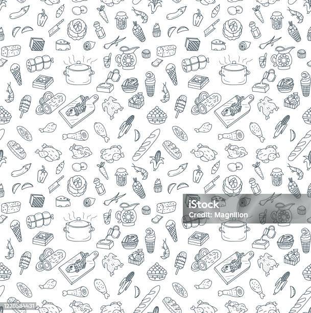 Food And Cooking Seamless Pattern Doodles Stock Illustration - Download Image Now - Food, Illustration, Backgrounds