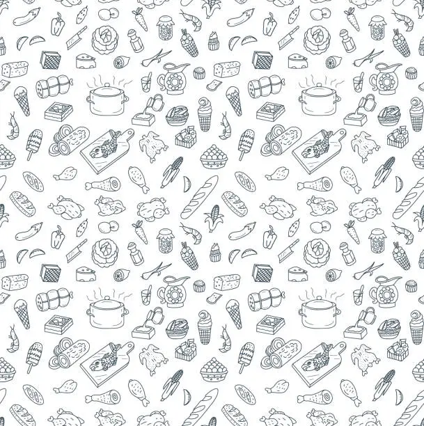 Vector illustration of Food and Cooking Seamless Pattern Doodles
