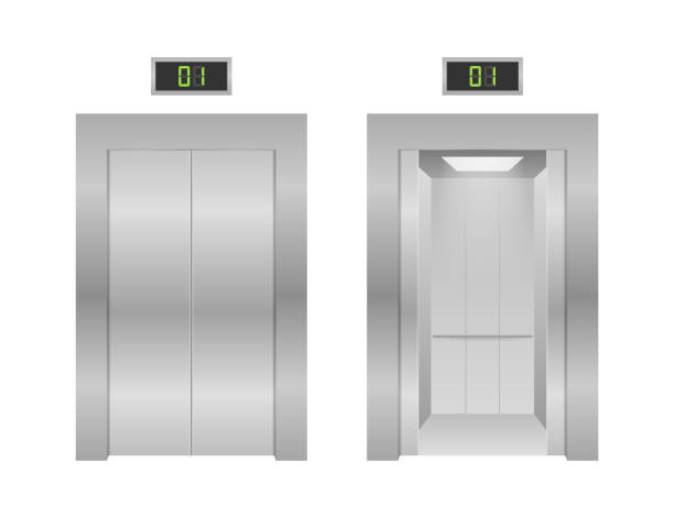 istock Elevator doors. Closing and opening lift metallic in office building. Vector stock illustration. 1220584514