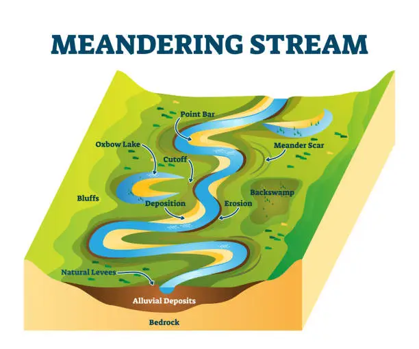 Vector illustration of Meandering stream vector illustration. River curves cause explanation scheme