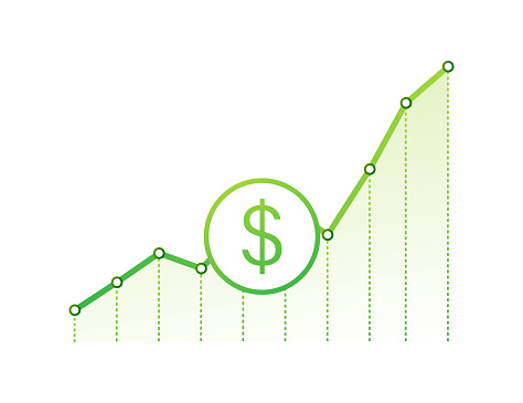 Profit money or budget. Cash and rising graph arrow up, concept of business success. Capital earnings, benefit. Vector stock illustration