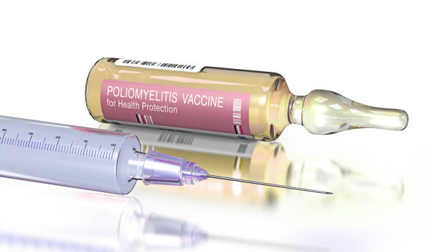 Ampoule filled with a polio vaccine - 3d illustration Lying ampoule filled with a polio vaccine and a syringe in the foreground - 3d illustration polio vaccine stock pictures, royalty-free photos & images