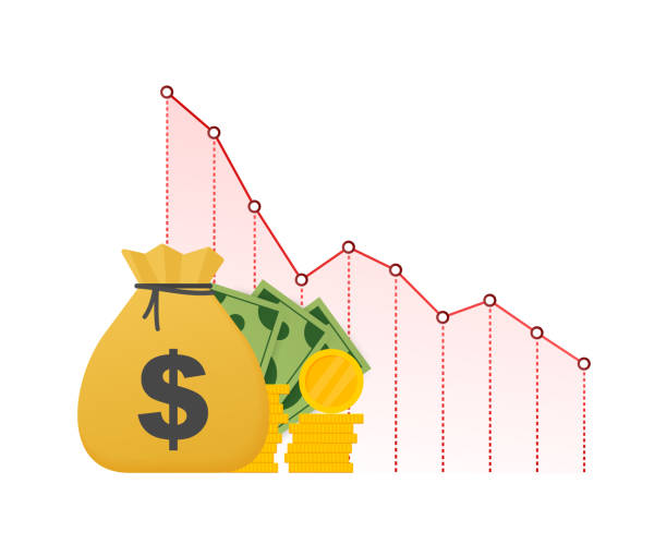 Money loss. Cash with down arrow stocks graph, concept of financial crisis, market fall, bankruptcy. Vector stock illustration. Money loss. Cash with down arrow stocks graph, concept of financial crisis, market fall, bankruptcy. Vector stock illustration pricing infographics stock illustrations
