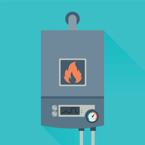 ilustrações, clipart, desenhos animados e ícones de sistema doméstico de forno para água de temperatura quente. caldeira de aquecimento a gás. vetor - gas boiler water heater boiler radiator