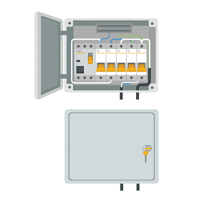 Fuse box. Electrical power switch panel. Electricity equipment. Vector illustration