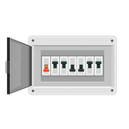 Fuse board box. Electrical power switch panel. Electricity equipment. Vector illustration