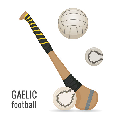 Gaelic football club and balls icon set. Irish football sport equipment. Vector illustration