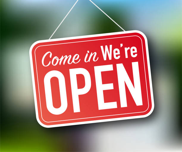 istock Come in we're open hanging sign on white background. Sign for door. Vector stock illustration. 1220588183