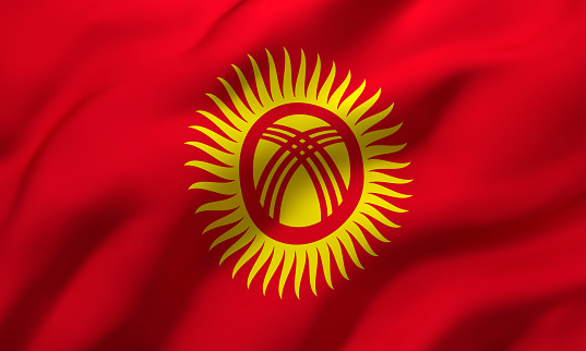 Flag of Kyrgyzstan blowing in the wind. Full page Kyrgyzstani flying flag. 3D illustration.
