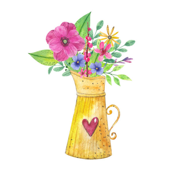 ilustrações de stock, clip art, desenhos animados e ícones de spring bouquet with beautiful flowers in yellow vase - bouquet tulip greeting card gerbera daisy