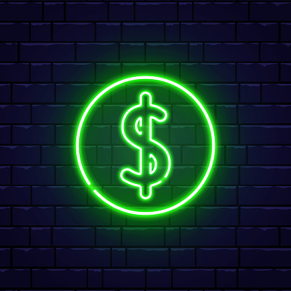 Dollar neon sign on brick wall. Money bright green symbol. Night bright advertising. Cash back neon template. Dollar currency with backlight. Finance concept. Vector illustration.