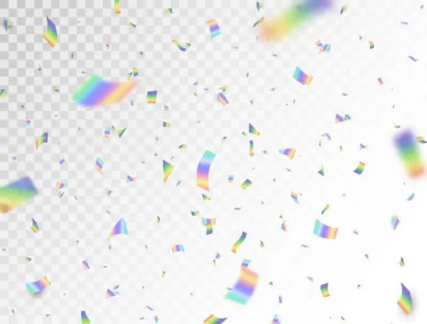 Vector illustration of Holographic shiny falling confetti on white transparent background. Glitch effect. Rainbow festive tinsel. Foil hologram. Color iridescent decoration for Christmas, Birthday. Vector illustration.