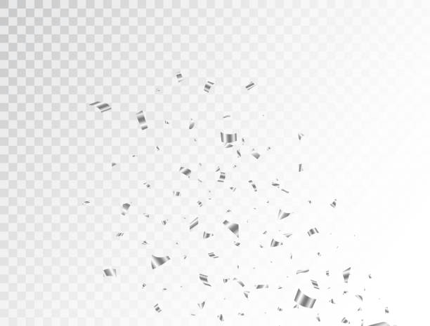 Silver confetti explosion on transparent background. Bright festive tinsel. Falling shiny silver confetti and pieces of serpentine. Birthday decoration. Holiday party design elements. Vector illustration Silver confetti explosion on transparent background. Bright festive tinsel. Falling shiny silver confetti and pieces of serpentine. Birthday decoration. Holiday party design elements. Vector illustration. silver colored stock illustrations