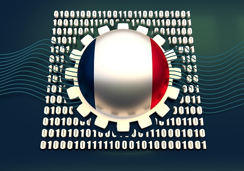 Binary code background with gear and flag of the France. Algorithm binary, data code, decryption and encoding. 3D rendering