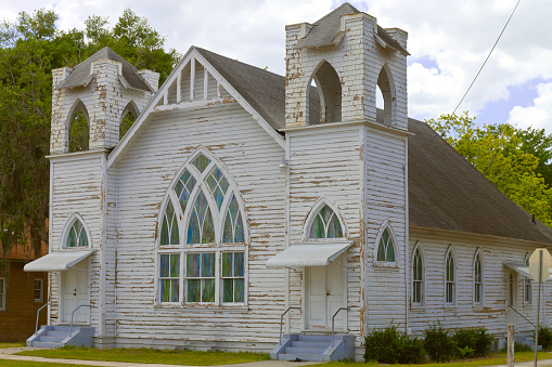 Still active Historic Church with empty Bells Towers and unique architecture in Plant City Florida