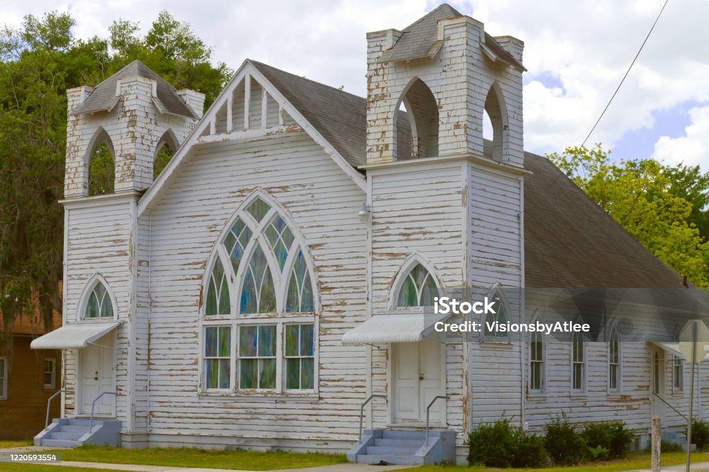 Still active Historic Church with empty Bells Towers and unique architecture in Plant City Florida Florida - US State Stock Photo