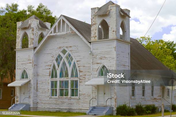 Still Active Historic Church With Empty Bells Towers And Unique Architecture In Plant City Florida Stock Photo - Download Image Now