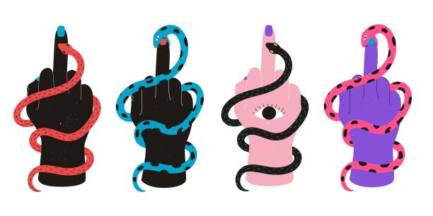 Vector illustration set with biting snakes and human hands. Sign fuck off with the middle finger. Grunge texture, isolated on white background simple snake tattoo drawings stock illustrations