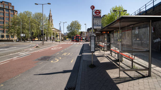 London, UK - April 23rd 2020:  Deserted bus stop and crossroads near Waterloo during lockdown
