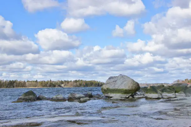 The water surface has dropped and  green color of stones is visible, climate change, Finland