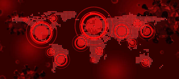 istock 3D illustration. global world map with group of virus cells, coronavirus 2019 outbreak (covid19), virus disease infection in red background, virus outbreak, medical technology, covid-19 concept 1220600177