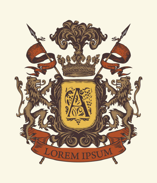 Vector heraldic Coat of arms in vintage style with lions, shield, knightly spears, crown, ribbon and Capital letter A. A medieval heraldry, emblem, sign, symbol. Hand-drawn illustration.