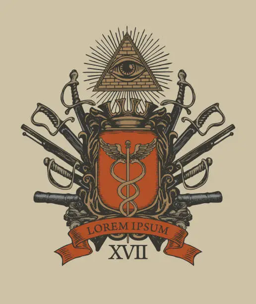 Vector illustration of Masonic hand-drawn coat of arms in vintage style