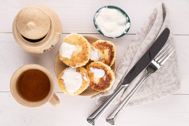 istock Cheese pancake on white wood 1220603422