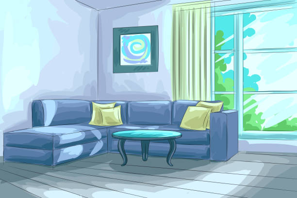 Beautiful Living Room Drawing Stock Illustration - Download Image Now -  Indoors, Living Room, Residential Building - iStock