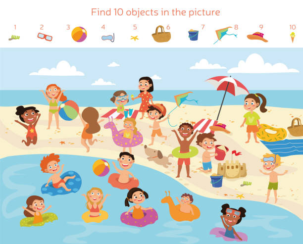 illustrazioni stock, clip art, cartoni animati e icone di tendenza di trova 10 oggetti nell'immagine - bambini spiaggia