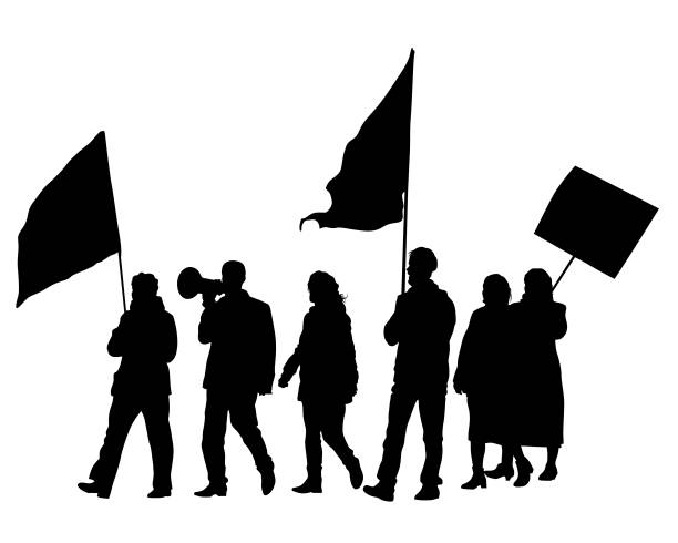 Crowds and flags People of with large flags. Isolated silhouettes of people on a white background strike protest action stock illustrations