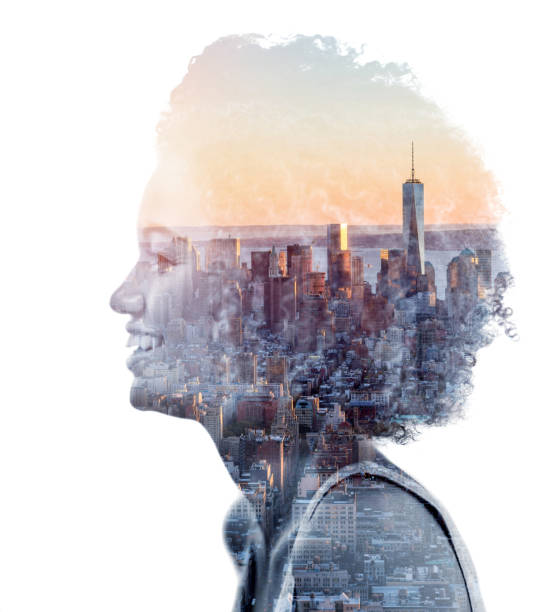 Portrait of an African American woman from New York City Montage with a portrait of an African American woman from New York City looking very happy multiple exposure stock pictures, royalty-free photos & images
