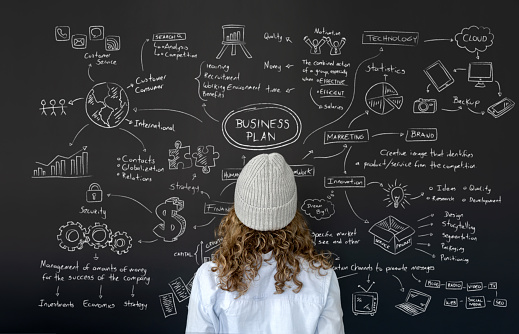 Female entrepreneur looking at the business plan on a blackboard â business concepts