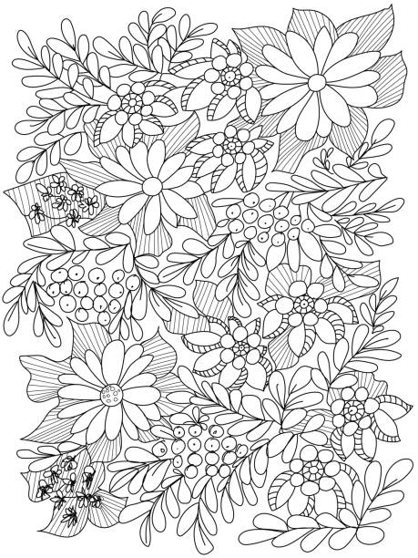 Forest flowers, leaves and berries. Vector coloring book pages for adult and children. Hand drawn illustration. Love bohemian concept for wedding invitations, cards, congratulations, branding, boutique logo, label. Web and mobile interface Forest flowers, leaves and berries. Vector coloring book pages for adult and children. Hand drawn illustration. Love bohemian concept for wedding invitations, cards, congratulations, branding, boutique logo, label. Web and mobile interface coloring illustrations stock illustrations