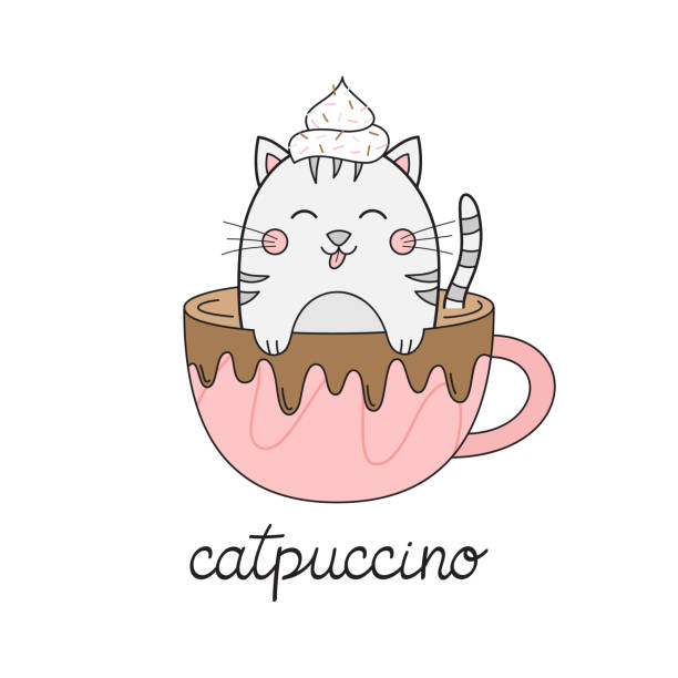 Cute cat in cappuccino Cute cat in cappuccino vector illustration. Funny hand drawn kitten in coffee mug with whipped cream dollop on head and chocolate drizzle with catpuccino writing. Isolated. dollop whipped cream stock illustrations