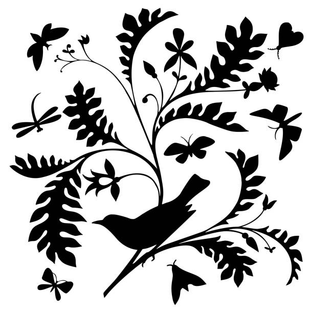Bird on a branch. Black silhouette on white background. Black silhouette of a bird on a tree bough isolated on white. Nature motif. with butterflies and bird. Vintage style. tattoo silhouettes stock illustrations