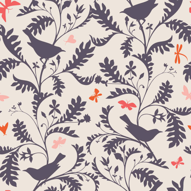 Seamless pattern with birds on branches. Hand drawn by color pencils realistic flora and fauna background Birds on the tree branches. Seamless pattern. Animal silhouettes in vintage style. Nature motif with small birds, boughs with leaves. Textile fashion design for fabric, kids, child and nursery room. bird nature animal backgrounds stock illustrations