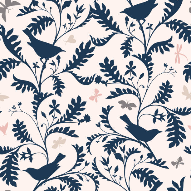 Birds on the tree branches. Seamless pattern. Animal silhouettes in vintage style. Nature motif with small birds, boughs with leaves. Textile fashion design for fabric, kids, child and nursery room.