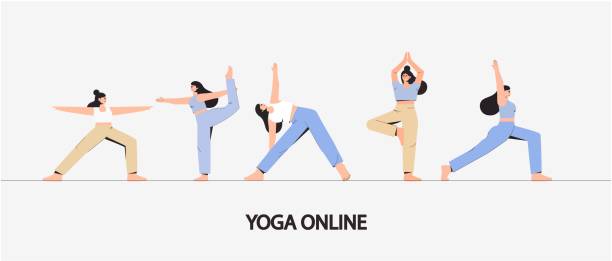 ilustrações de stock, clip art, desenhos animados e ícones de concept sport in home and fitness, healthy lifestyle. young woman in different yoga poses isolated on white background. flat style vector illustration. - yoga posture dog cobra