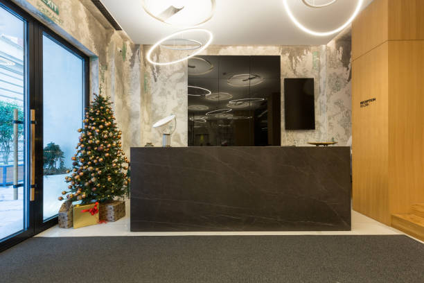 istock Interior of a hotel reception with Christmas tree 1220623188