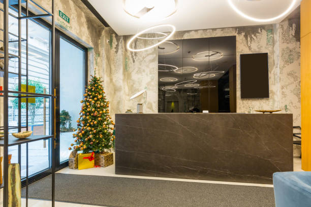 istock Interior of a hotel lobby with Christmas tree 1220623356